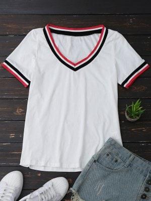 V Neck Stripes Panel Top - White S