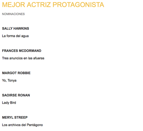 NOMINACIONES OSCARS 2018