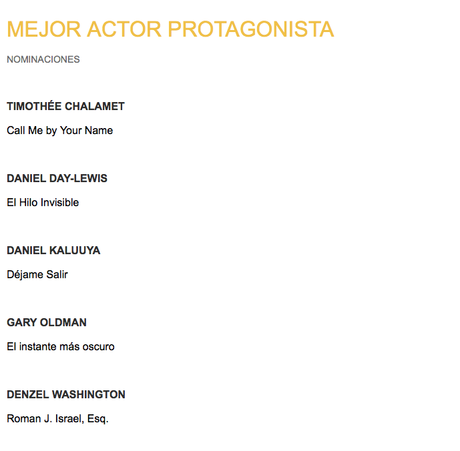 NOMINACIONES OSCARS 2018