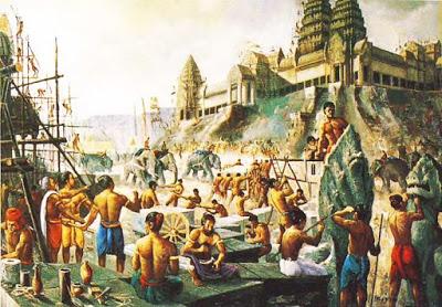 Decenas de miles de obreros, ayudados por elefantes, se afanan en la construcción de los nuevos templos de Angkor.