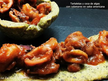 Tartaletas y coca de algas con calamares en salsa americana