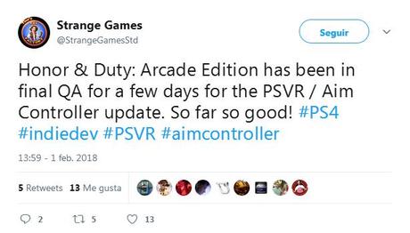 Honor and Duty: Arcade Edition recibirá compatibilidad con PSVR y AIM Controller