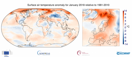 Enero de 2018 fue más cálido que el promedio de 1981-2010 en buena parte del planeta