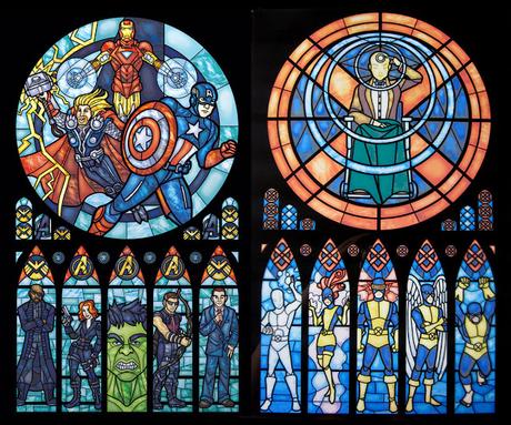 Vidrios de colores como los de iglesias pero de superheroés