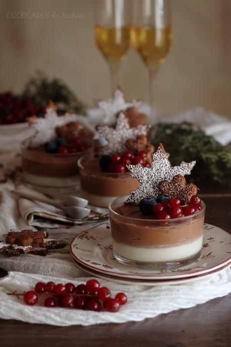 Mousse de Chocolat y Panna Cotta de Cava. Vasitos dobles con Galletas de Jengibre. Cookcakes de Ainhoa