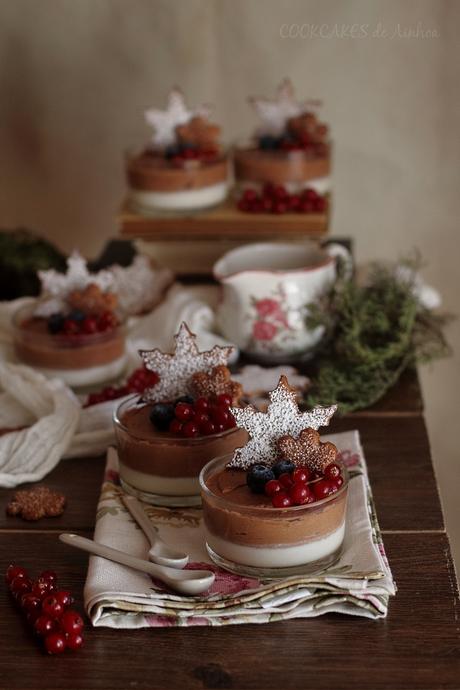 Mousse de Chocolat y Panna Cotta de Cava. Vasitos dobles con Galletas de Jengibre. Cookcakes de Ainhoa