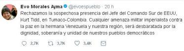 Presidente Evo Morales alerta sobre presencia de Ejército de #EEUU en #Colombia