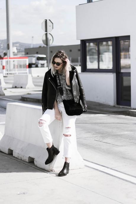 BLACK JACKET AND WHITE PANTS