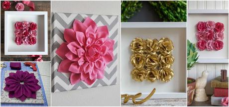 4 Cuadros decorativos con flores hechas de fieltro y papel