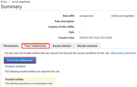 Cómo crear snapshots de Elasticsearch en S3 IAM trust relationship Elasticsearch
