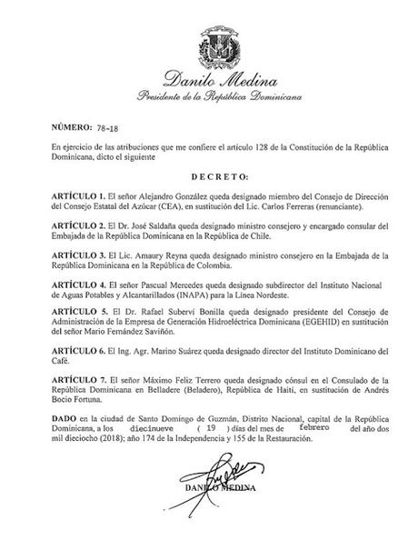 Decretos emitidos por el presidente Danilo Medina este 19 de febrero 2018.