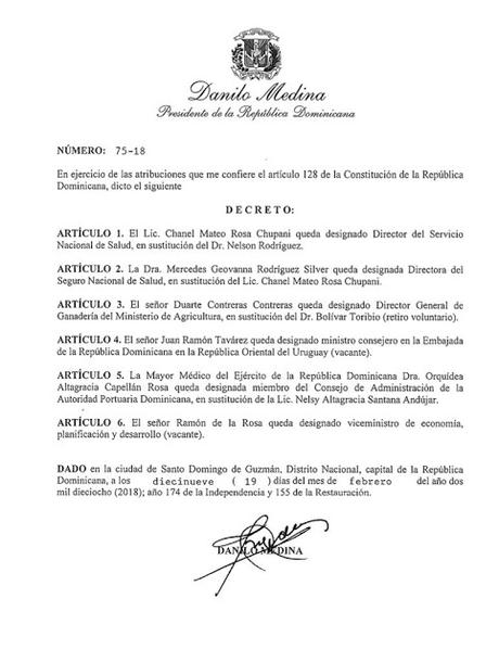 Decretos emitidos por el presidente Danilo Medina este 19 de febrero 2018.