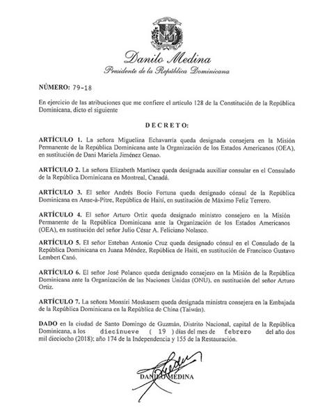 Decretos emitidos por el presidente Danilo Medina este 19 de febrero 2018.