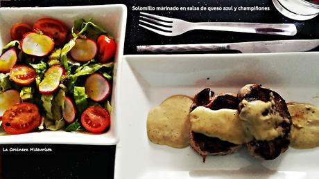 Solomillo marinado en salsa de queso azul y champiñones