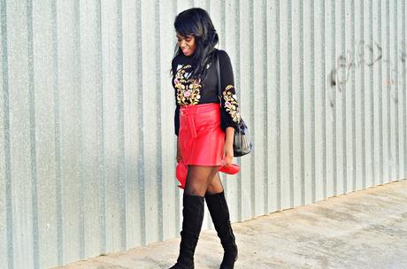 RED SKIRT + FLOWERS SWEATER