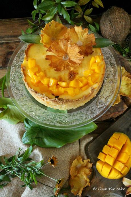 tropical-cheesecake, tarta-de-coco-piña-y-mango, coconut-pineapple-and-mango-cheesecake