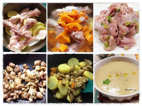 Crema de patata y calabaza con pollo