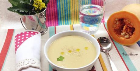 Crema de patata y calabaza con pollo