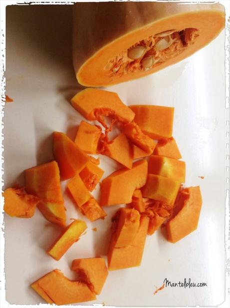 Crema de patata y calabaza con pollo