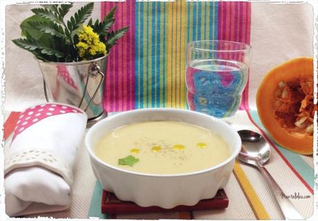 Crema de patata y calabaza con pollo