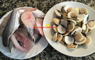 MERLUZA , ALMEJAS Y PATATAS EN SALSA