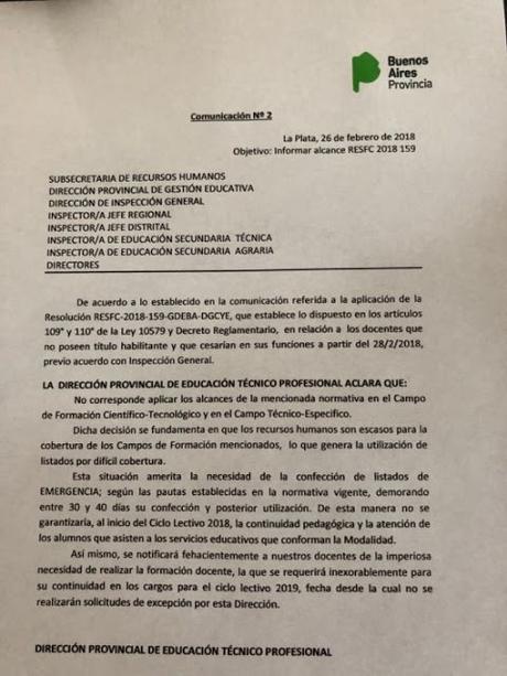 Cese de docentes sin título. Excepción en escuelas técnicas.Provincia de Buenos Aires
