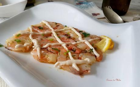 Carpaccio de langostinos con puré de bacon ahumado y vinagreta de Módena #unpocomasdemundo Carpaccio de langostinos con puré de bacon ahumado y vinagreta de Módena #unpocomasdemundo