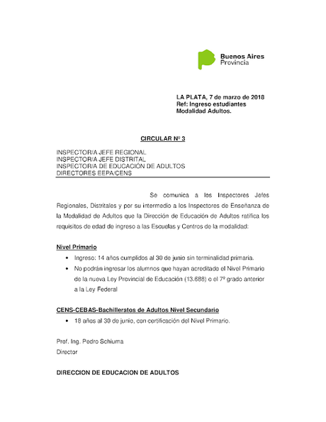 GDEBA – DGCYE S/Adecuación Modelo de Organización Curricular – ADULTOS 2018 CENS