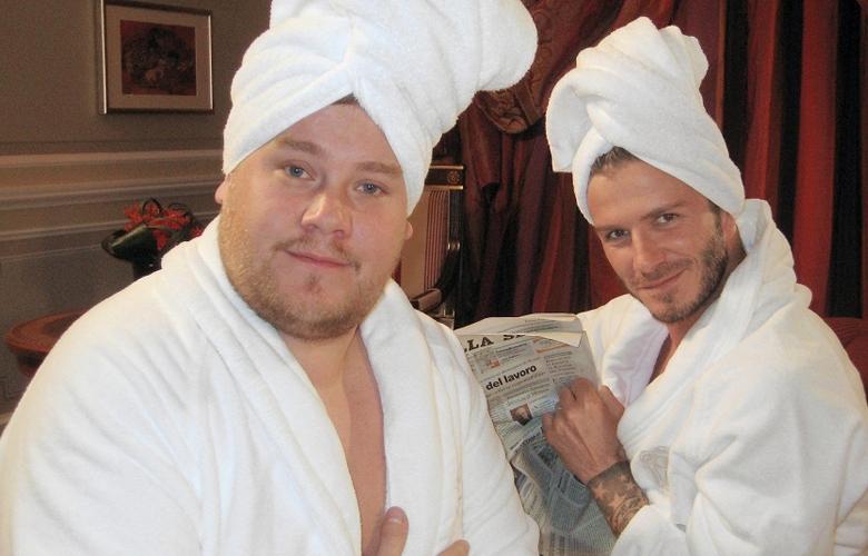James Corden enjoys some pampering with new best pal David Beckham as they do th