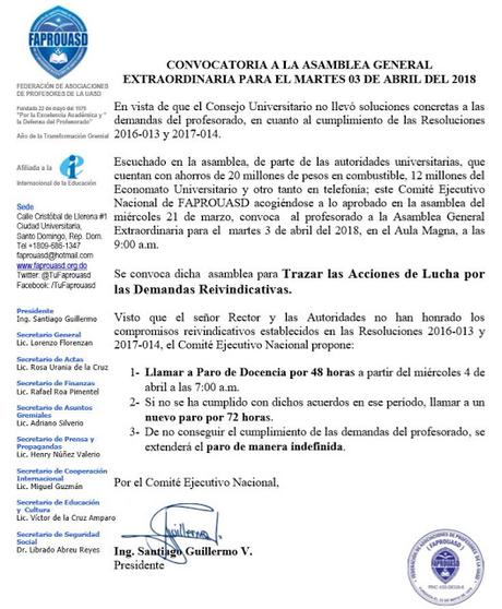 FAPROUASD volvería a nuevo paro de docencias a partir del 4 de abril.