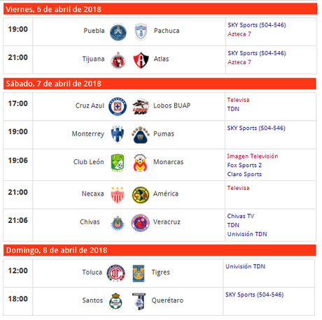 Cartelera de partidos de la jornada 14 del futbol mexicano