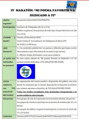 Maratón de poemas solidarios destinados a recaudar fondos para la plataforma de ayuda a Álvaro en Valdepeñas