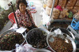 A Cambodian woman sells deep-fried scorpion at the town of Skun, Kampong Cham province, northeast of Phnom Penh, Cambodia Friday, March 16, 2018. The town is the well-known place for selling insect deep-fried, tarantula, scorpion, and cricket, and silkworm, to travelers, who stop by on their way to and from the country's northern and northeastern provinces. (AP Photo/Heng Sinith)