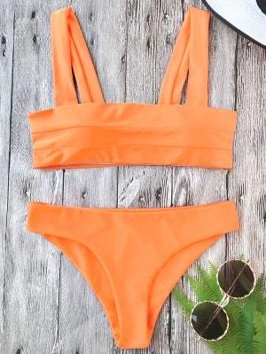 Padded Wide Straps Bandeau Bikini Set - Neon Orange M