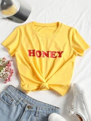 Tied Letter Printed T Shirt - Yellow M