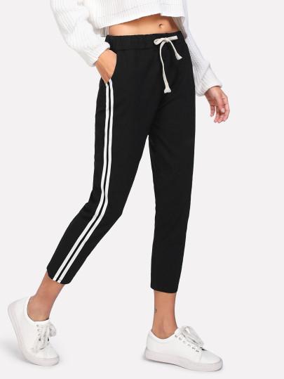 Pantalones de cintura con cordÃ³n de lado de rayas en contraste 