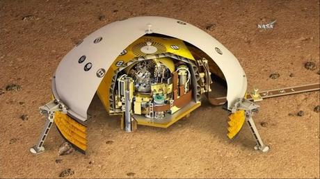 InSight Mars Lander de la NASA se lanza para sondear el profundo interior de Red Planet Ilustración del artista del instrumento Experimento sísmico para estructura interior (SEIS) de InSight en la superficie del Planeta Rojo.