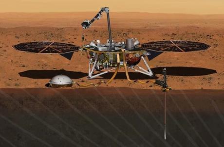 InSight Mars Lander de la NASA se lanza para sondear el profundo interior de Red Planet Ilustración del artista del módulo de aterrizaje InSight de la NASA en Marte. InSight está programado para lanzarse el 5 de mayo de 2018.