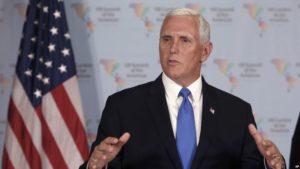 U.S. Vice President Mike Pence speaks during a press conference at the Summit of the Americas in Lima, Peru, Saturday, April 14, 2018. (AP Photo/Karel Navarro)