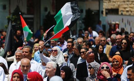 la marcha principal en Ramala para señalar el Día de la Nakba (Wafa, 14 de mayo de 2018).