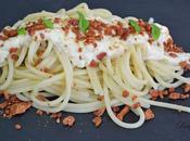 Espaguetis crema queso crujiente jamón