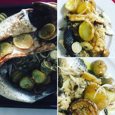 lubina al horno, lubina, que comemos hoy, patatas, cebollas, limón, aceite 