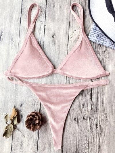 Cami Velvet String Thong Bikini Set - Pink S