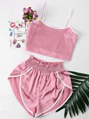 Contrast Trim Cami And Shorts Set - Pink S