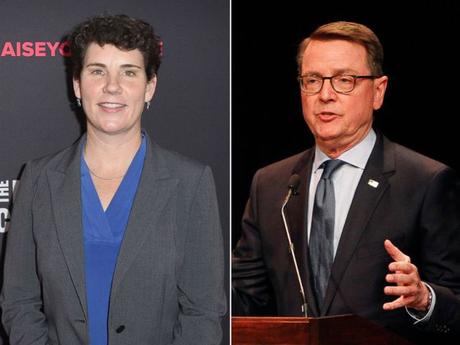 FOTO: Candidato al Congreso en Kentucky Amy McGrath asiste a la Conferencia 2018 MAKERS en Hollywood, California, el 6 de febrero de 2018, en Los Ángeles. El alcalde Jim Gray habla durante un debate para el Congreso en Lexington, Kentucky, el 18 de abril de 2018.