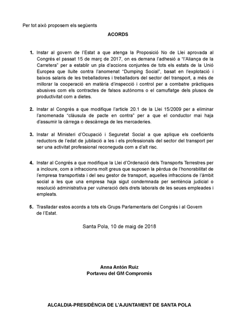 Moción por la mejora de las condiciones laborales del sector del transporte de mercancías por carretera en España