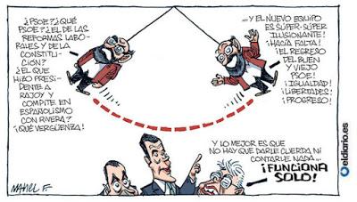 Cambio de tercio: M. Rajoy hace mutis por el foro; Pedro Sánchez aparece en la Moncloa.