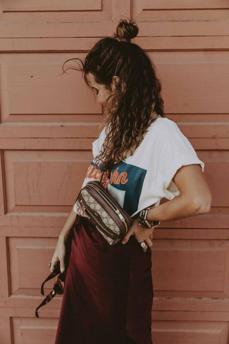 Sara of Collage Vintage wearing Joseph skirt and vintage Gucci tee