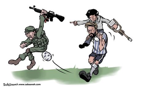 Caricatura publicada en el diario Al-Hayat Al-Jadeeda que ilustra el logro palestino de la cancelación del juego amistoso entre Israel y Argentina (Al-Hayat Al-Jadeeda, 10 de junio de 2018)