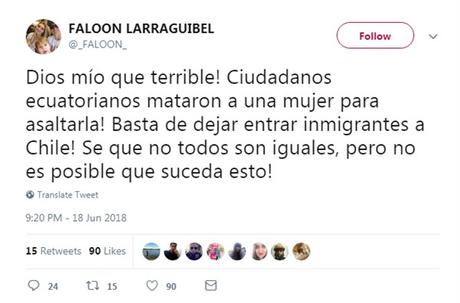 Mensaje xenofóbico de Faloon Larraguibel enfureció a usuarios en Twitter